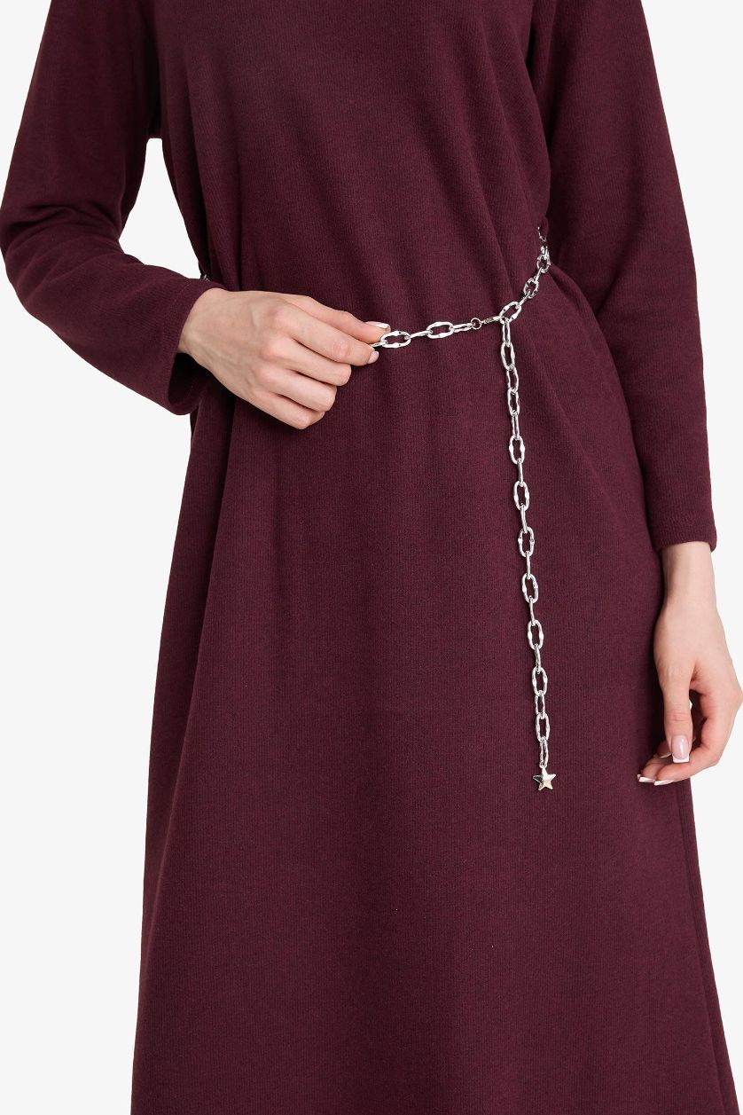 Kadın Bordo Regular Fit Bisiklet Yaka Uzun Kollu Kemerli Maxi Elbise