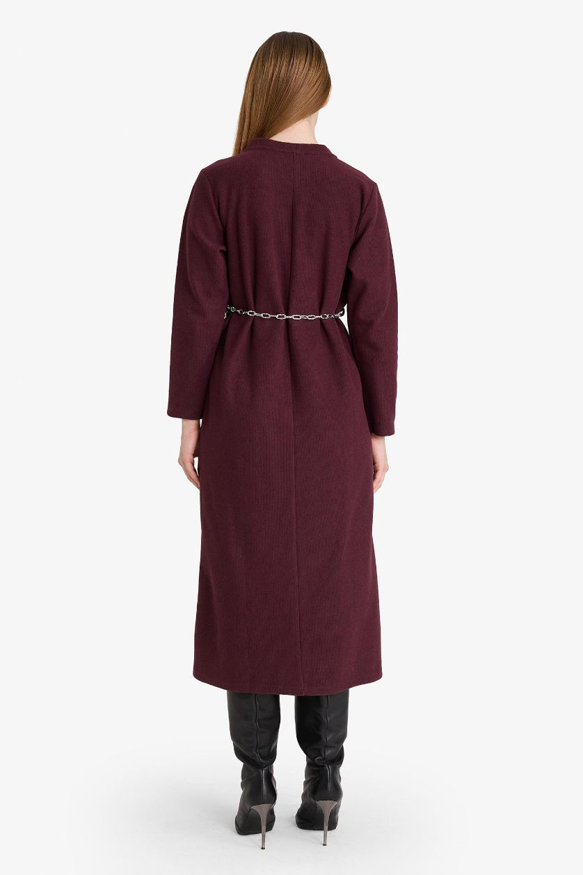 Kadın Bordo Regular Fit Bisiklet Yaka Uzun Kollu Kemerli Maxi Elbise