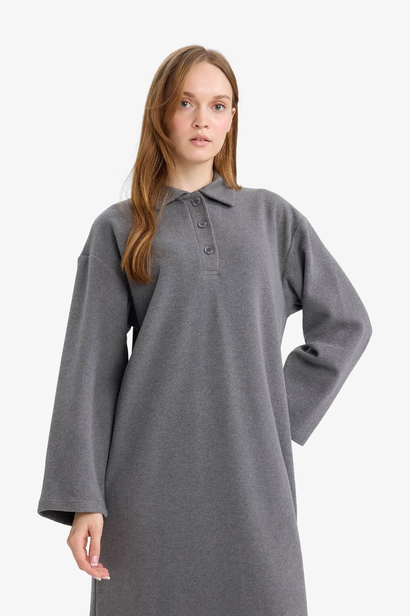 حريمي أنثرا فستان طويل بكم قصة عادية وياقة بولو