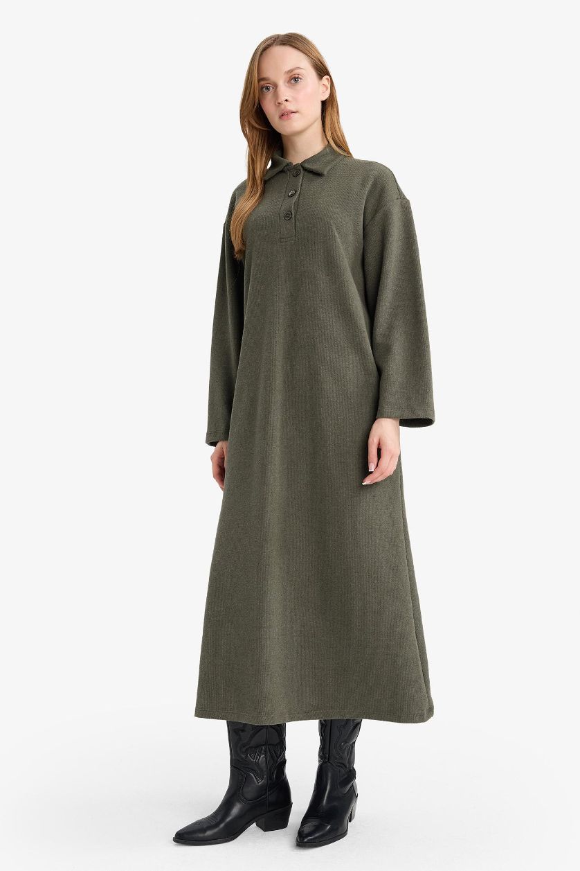 Kadın Haki Regular Fit Polo Yaka Uzun Kollu Maxi Elbise