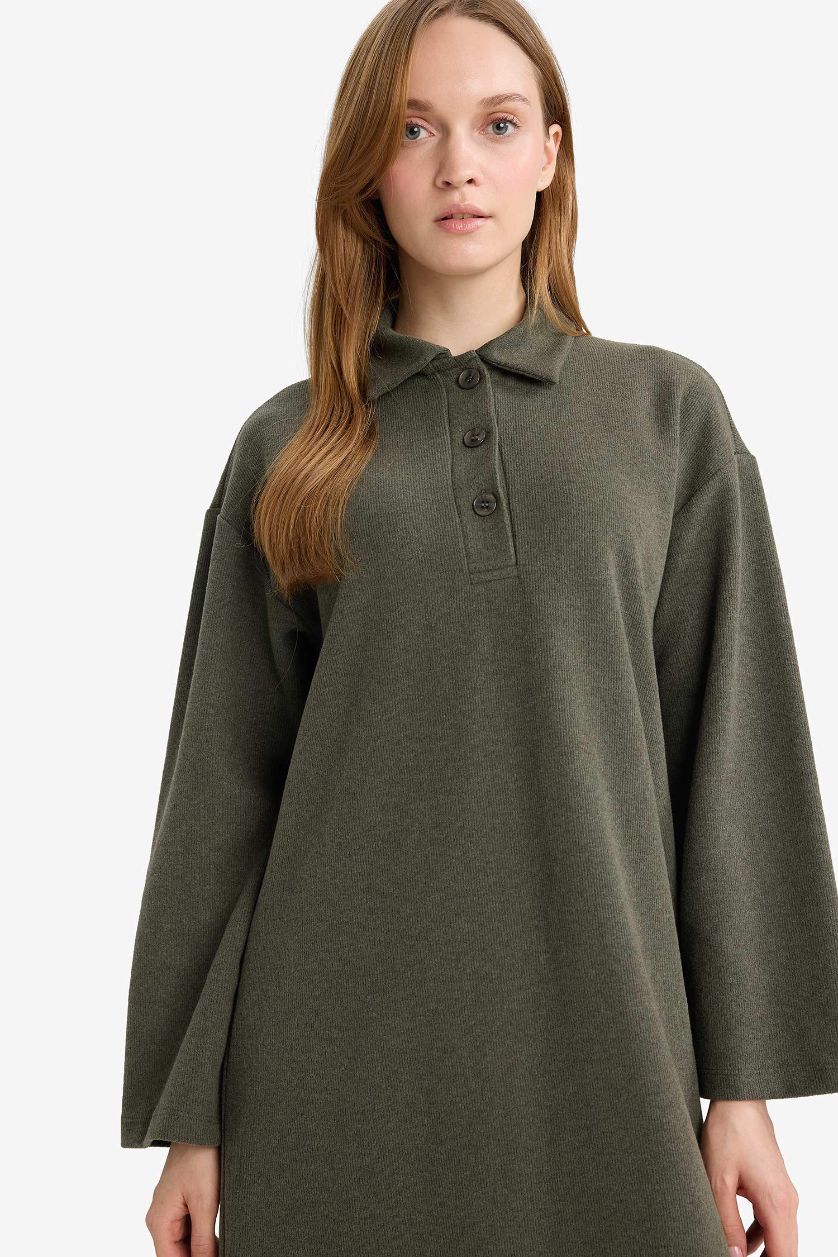 Kadın Haki Regular Fit Polo Yaka Uzun Kollu Maxi Elbise
