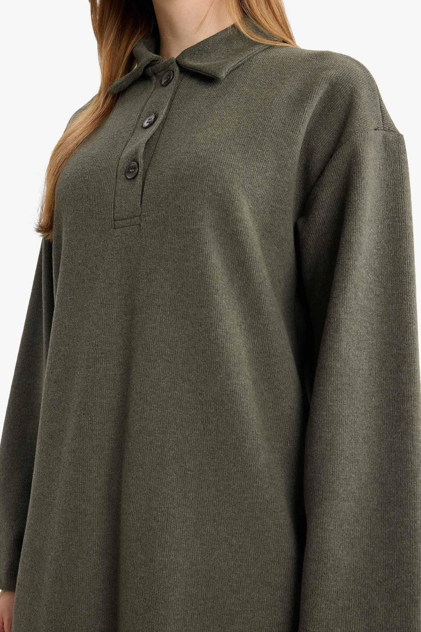 Kadın Haki Regular Fit Polo Yaka Uzun Kollu Maxi Elbise