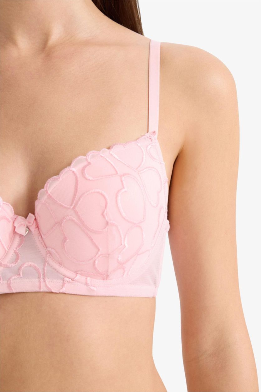 Kadın Pembe Dantel Detaylı Kaplı Full Push Up Balenli Tişört Bra