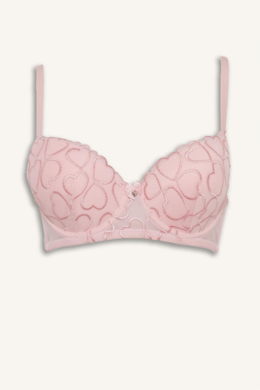 Kadın Pembe Dantel Detaylı Kaplı Full Push Up Balenli Tişört Bra