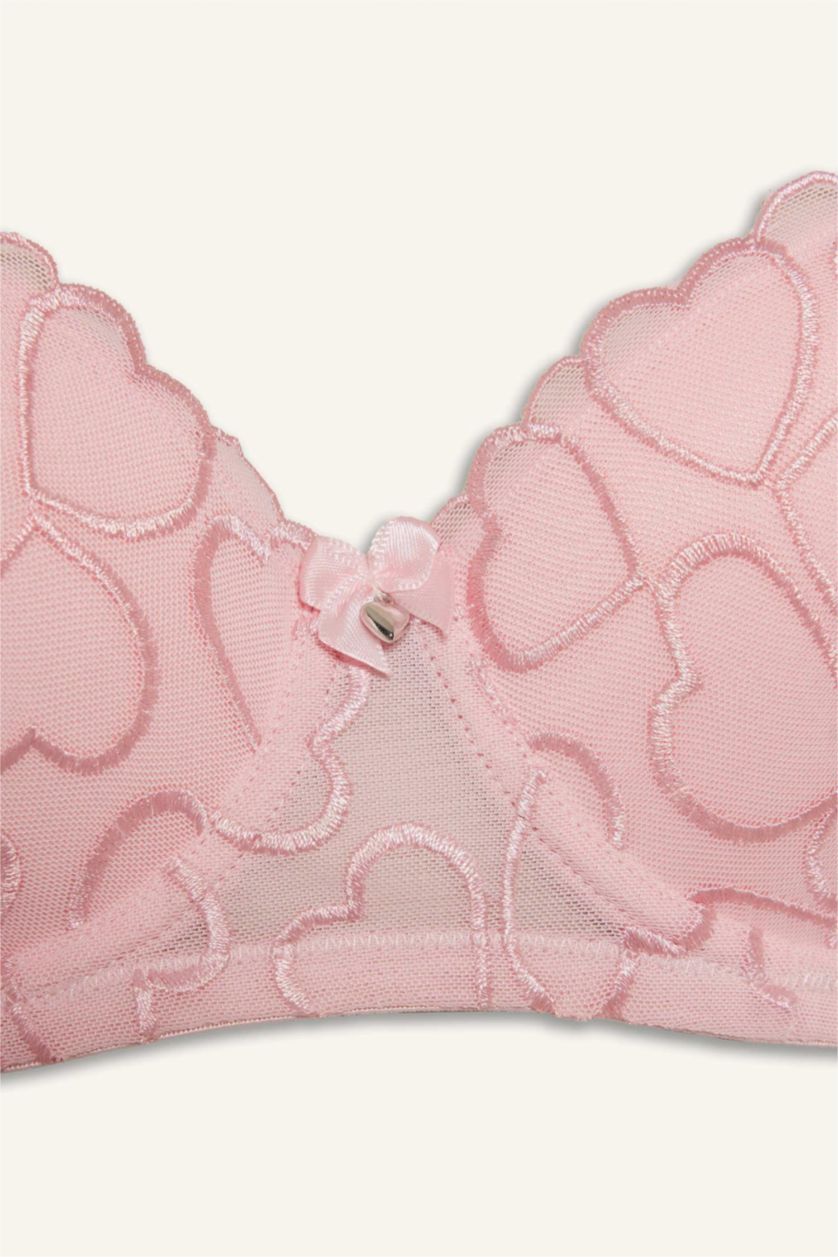 Kadın Pembe Dantel Detaylı Kaplı Full Push Up Balenli Tişört Bra