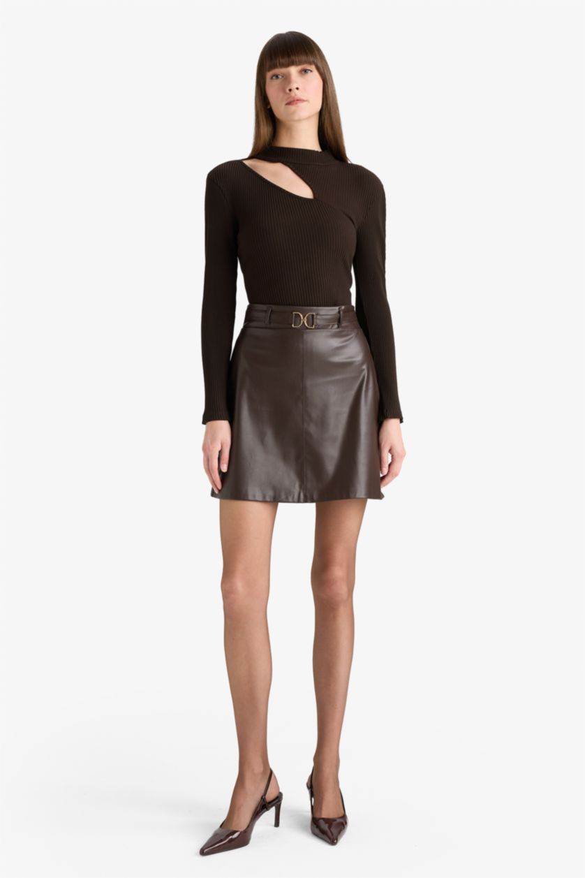 Kadın Kahve A Kesim Normal Bel Suni Deri Mini Etek