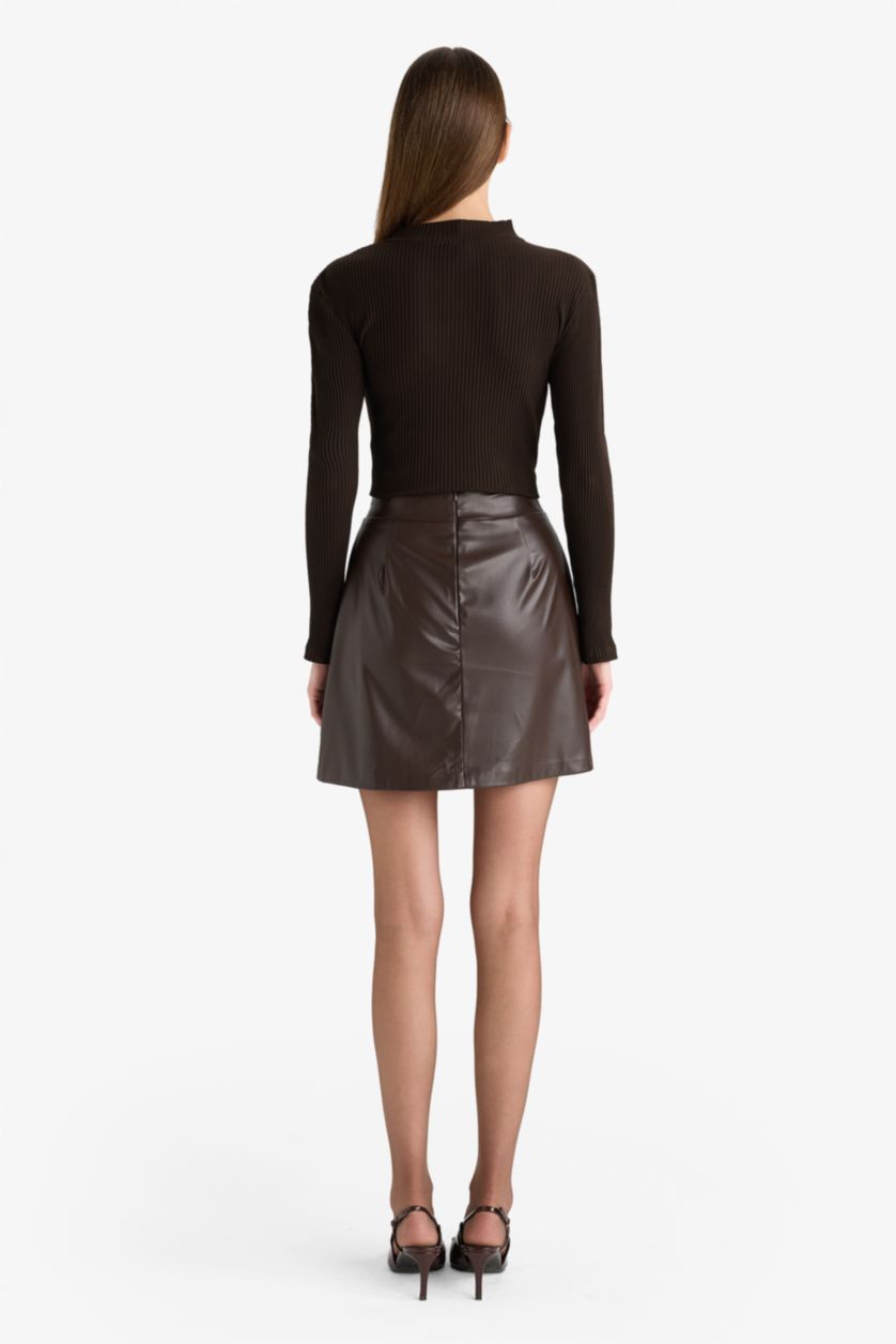 Kadın Kahve A Kesim Normal Bel Suni Deri Mini Etek