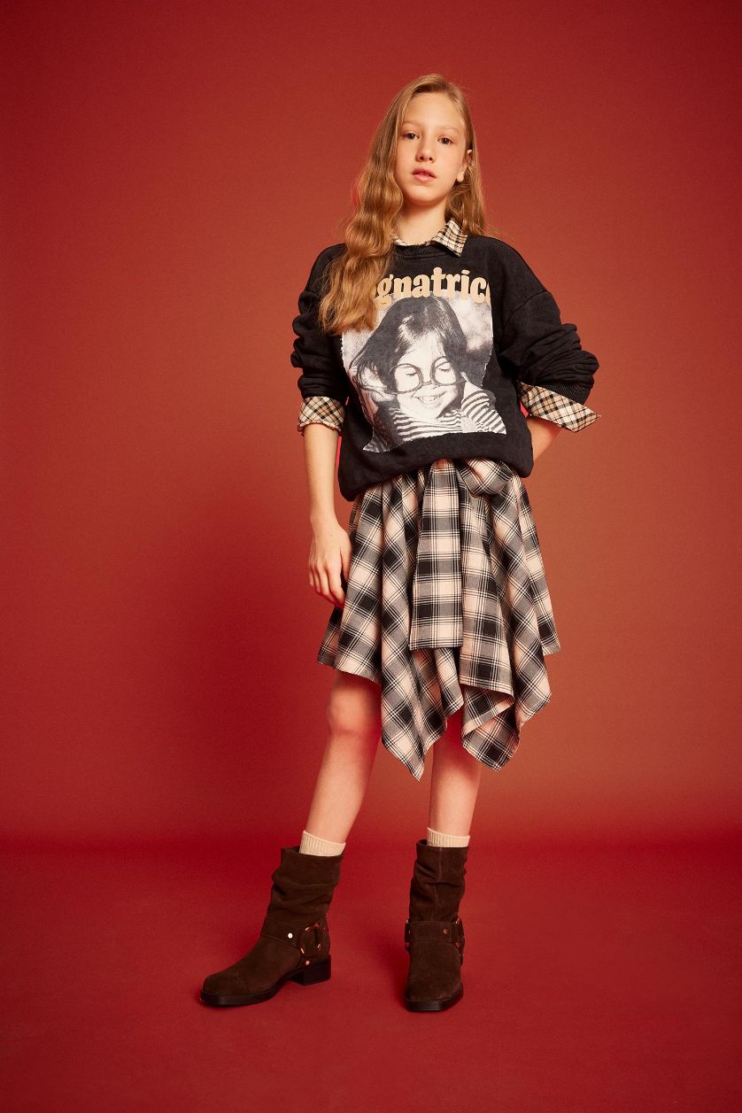 Kız Çocuk - Genç Kız Siyah Orta Asimetrik Kareli Etek Kız Çocuk