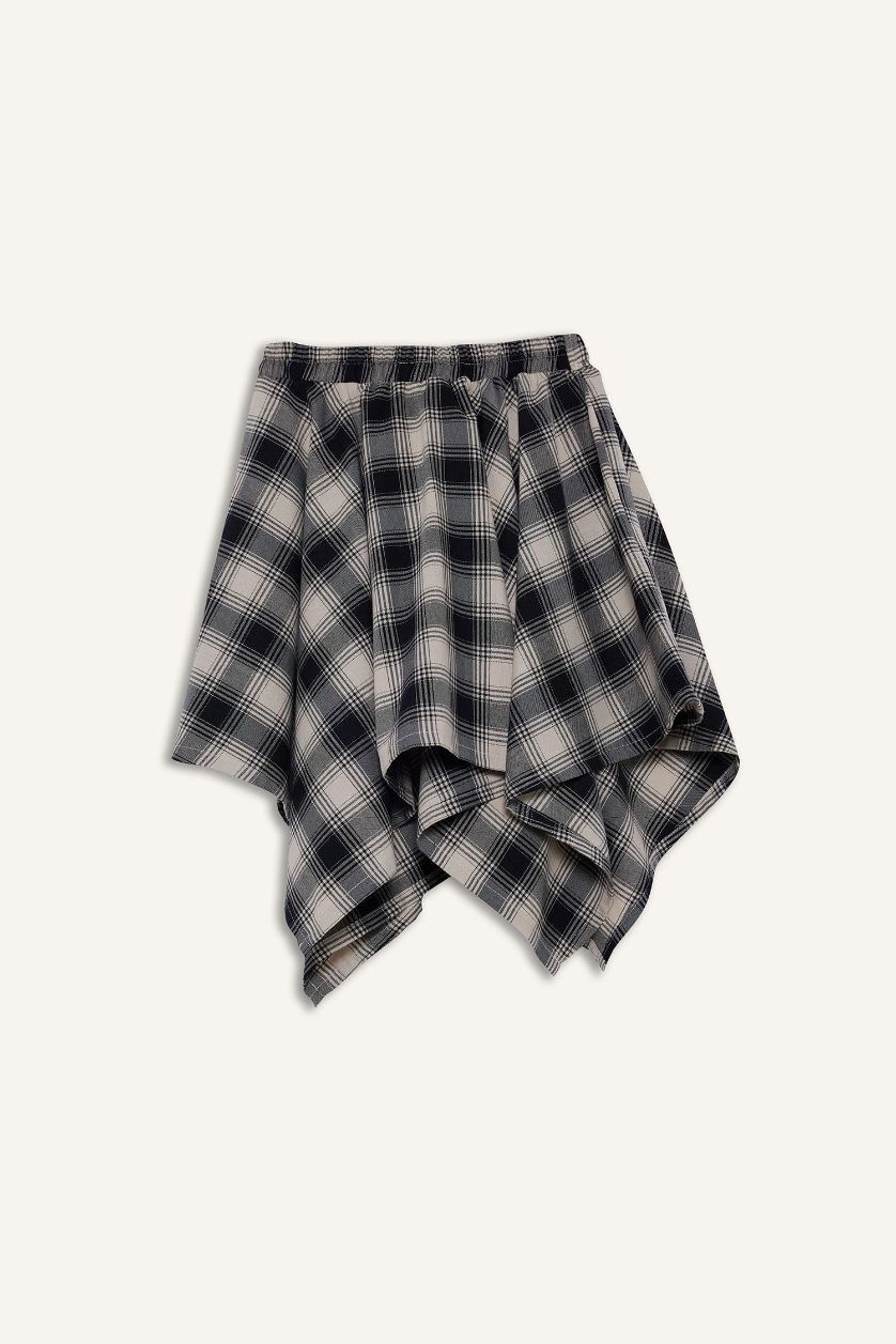 Kız Çocuk - Genç Kız Siyah Orta Asimetrik Kareli Etek Kız Çocuk