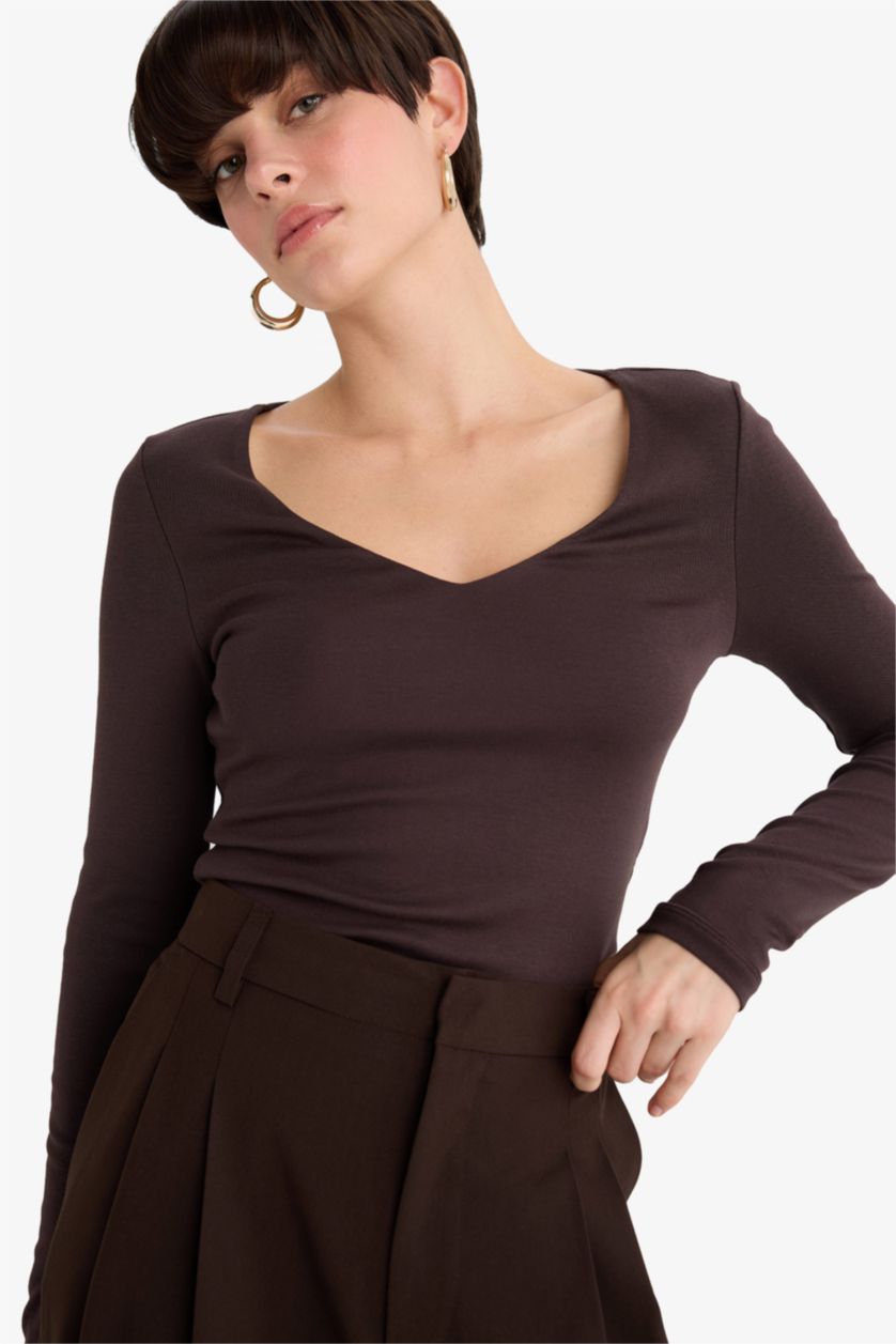 Woman Brown Slim Fit V-Neck Modal Long Sleeve T-Shirt
