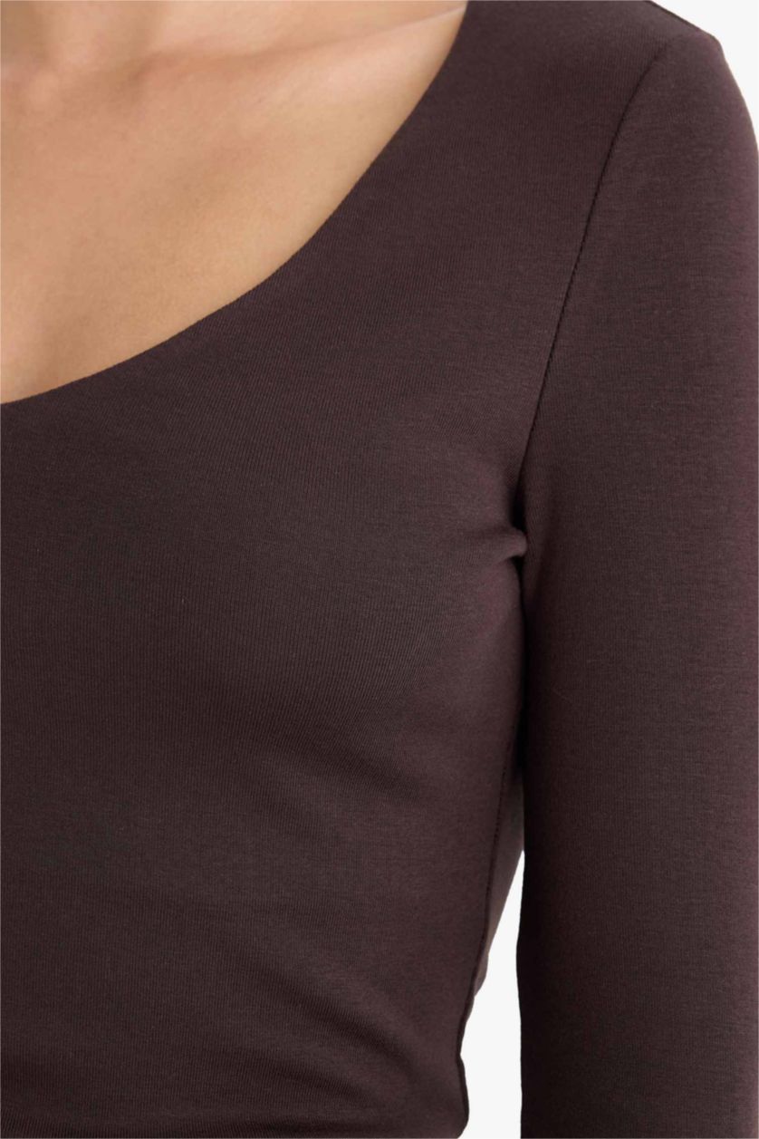 Woman Brown Slim Fit V-Neck Modal Long Sleeve T-Shirt