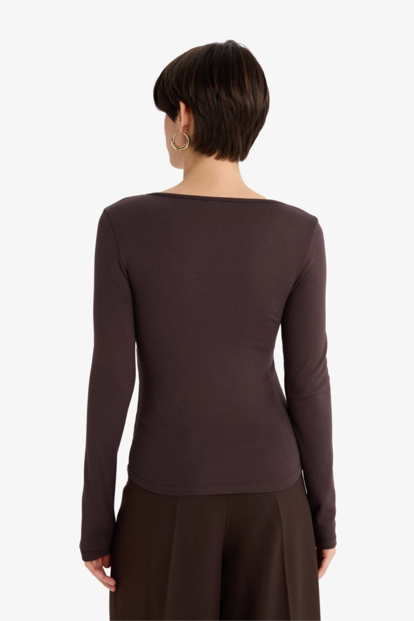 Woman Brown Slim Fit V-Neck Modal Long Sleeve T-Shirt