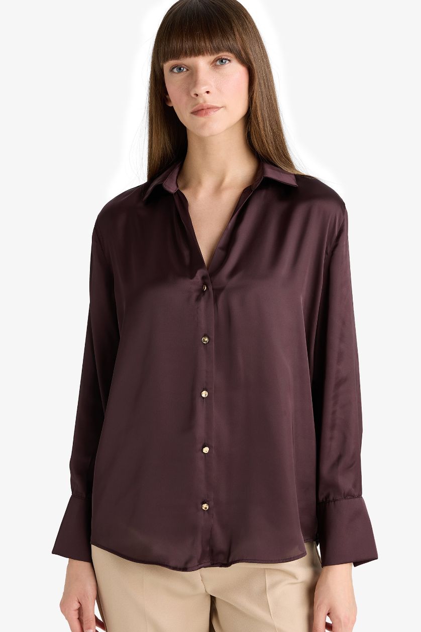 WOMAN Brown Regular Fit Shirt Collar Satin Long Sleeve Shirt