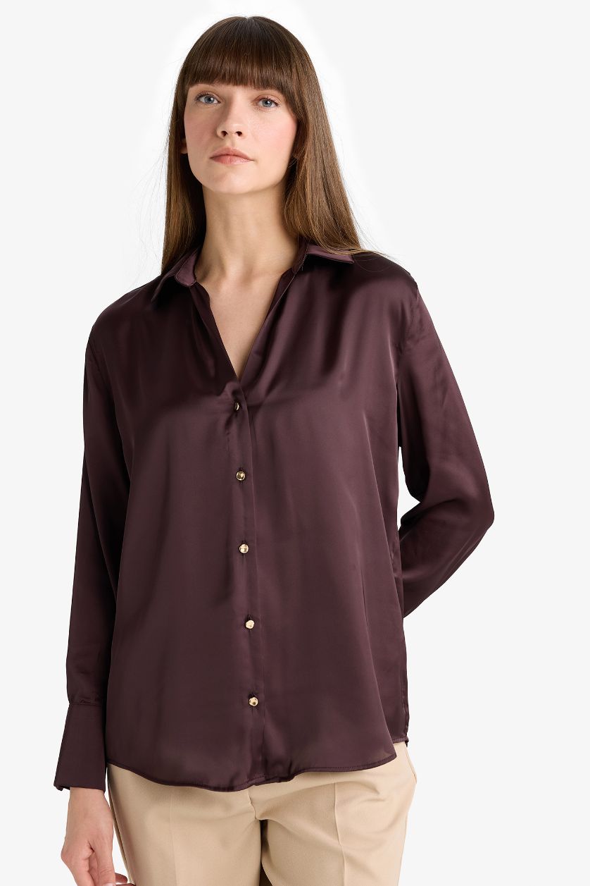 WOMAN Brown Regular Fit Shirt Collar Satin Long Sleeve Shirt