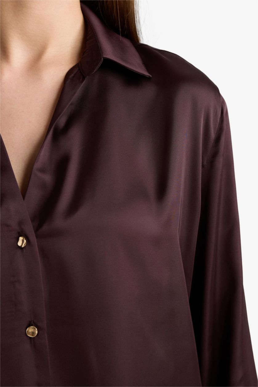 WOMAN Brown Regular Fit Shirt Collar Satin Long Sleeve Shirt
