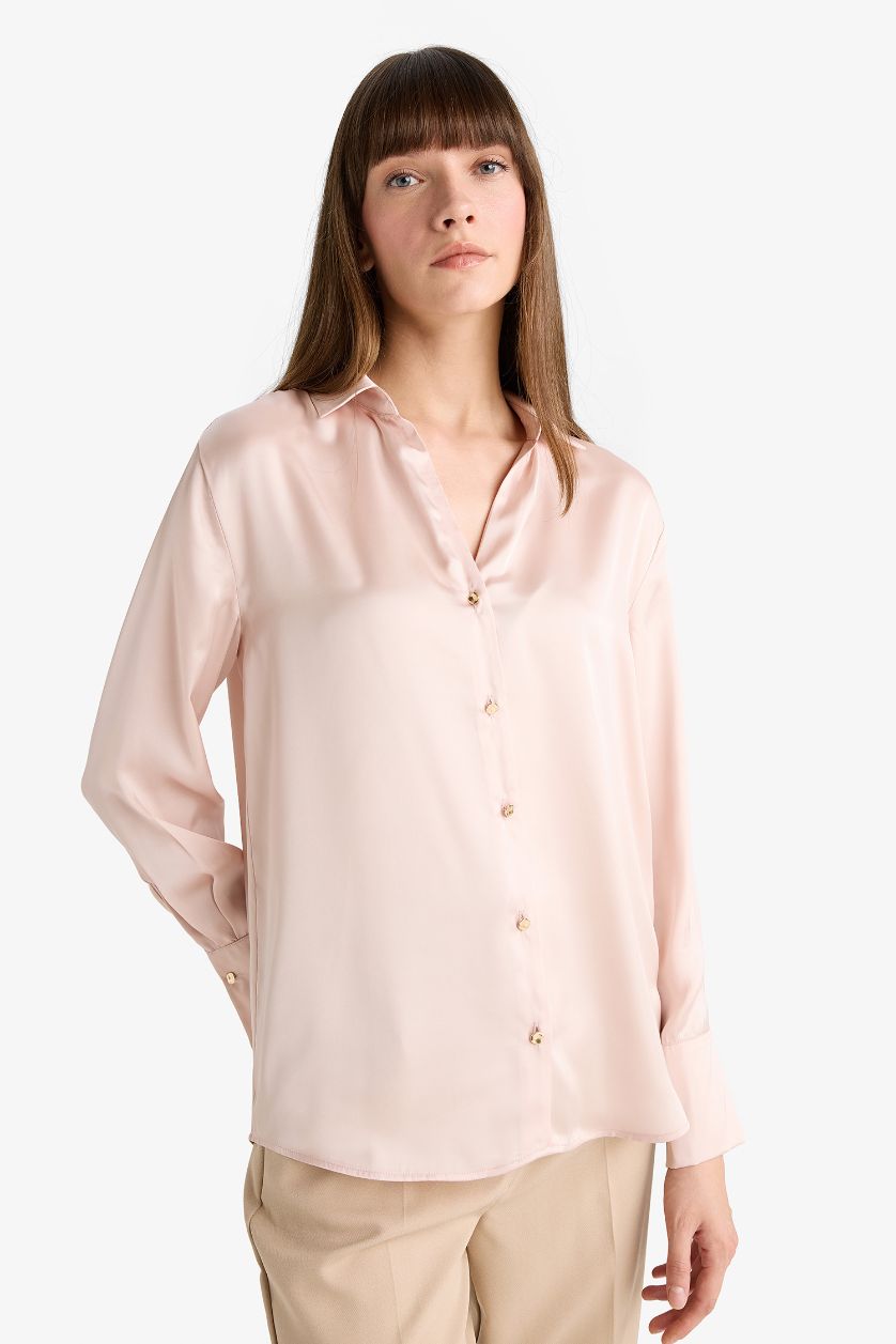 WOMAN Light Pink Regular Fit Satin Long Sleeve Shirt