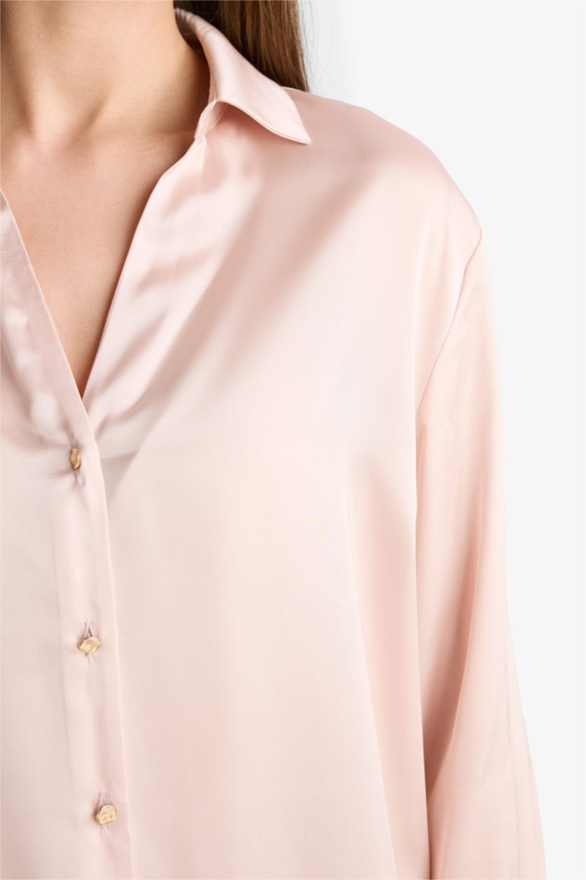 WOMAN Light Pink Regular Fit Satin Long Sleeve Shirt