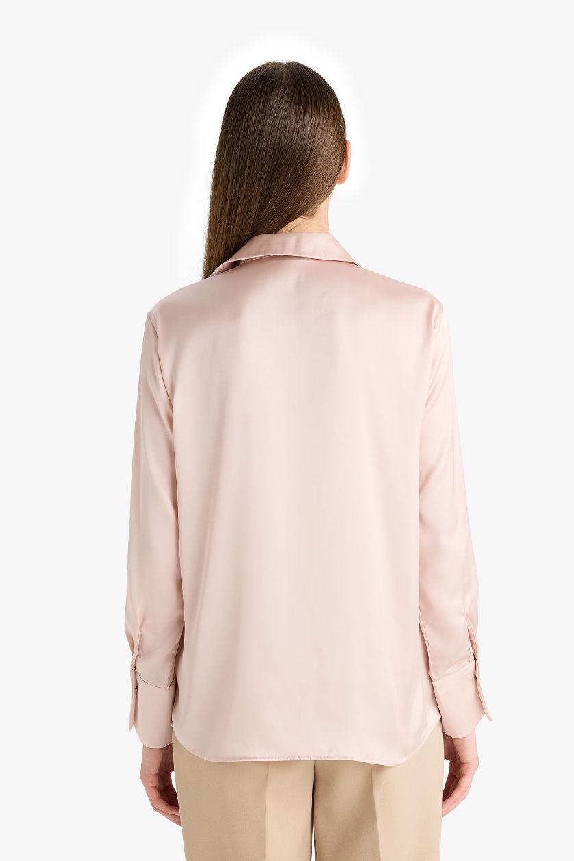 WOMAN Light Pink Regular Fit Satin Long Sleeve Shirt