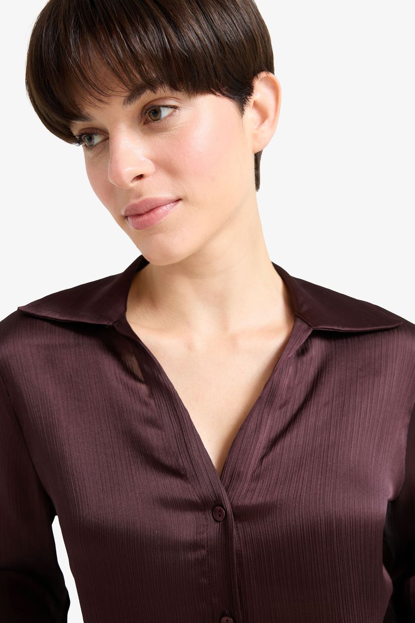 Kadın Kahve Regular Fit Saten Uzun Kollu Gömlek