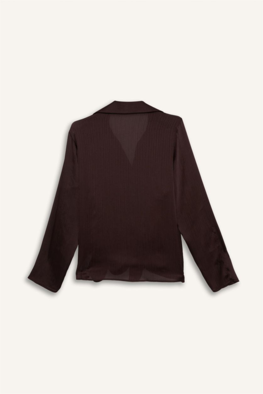 Kadın Kahve Regular Fit Saten Uzun Kollu Gömlek