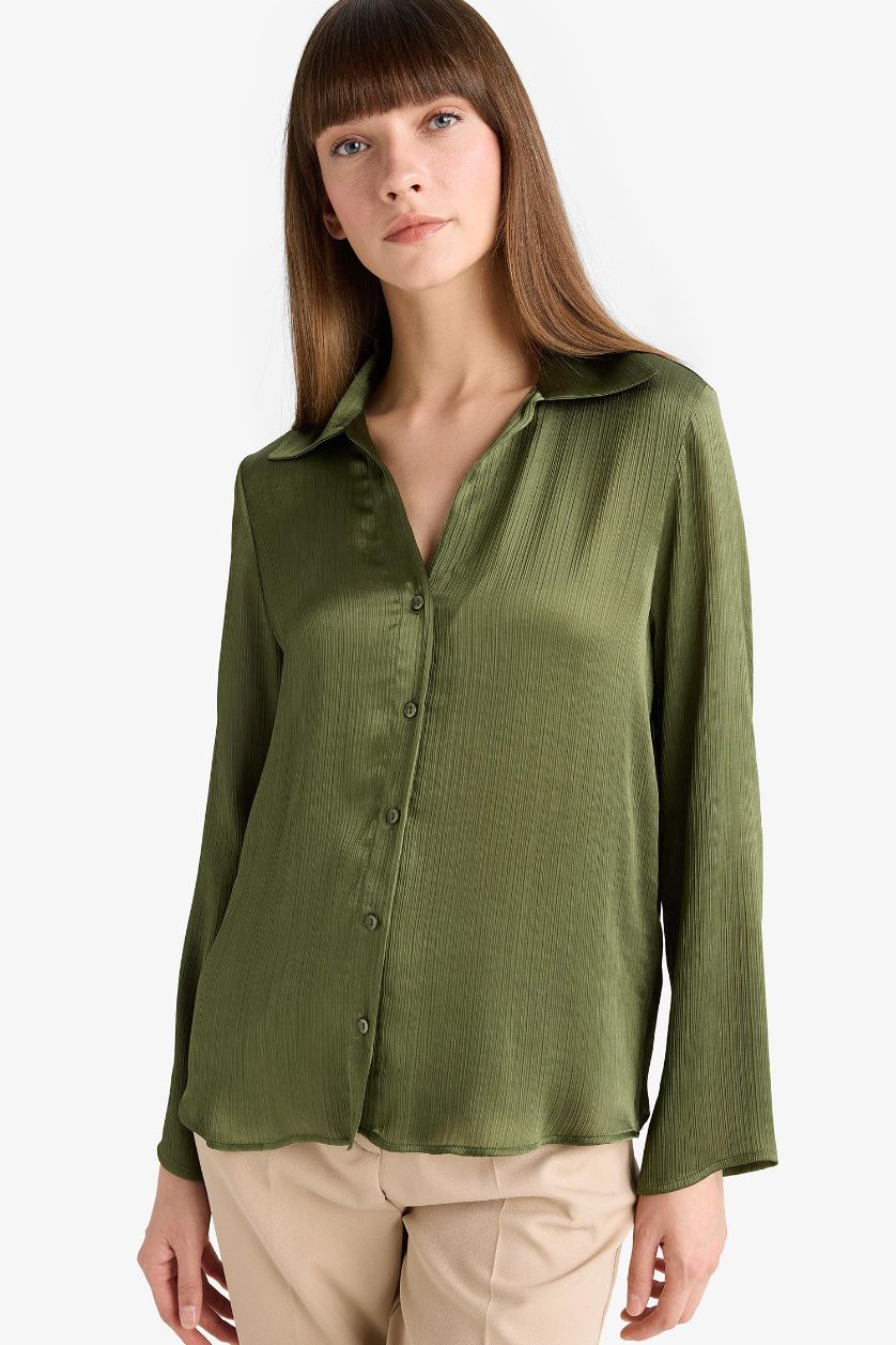 WOMAN Dark Green Regular Fit Satin Long Sleeve Shirt