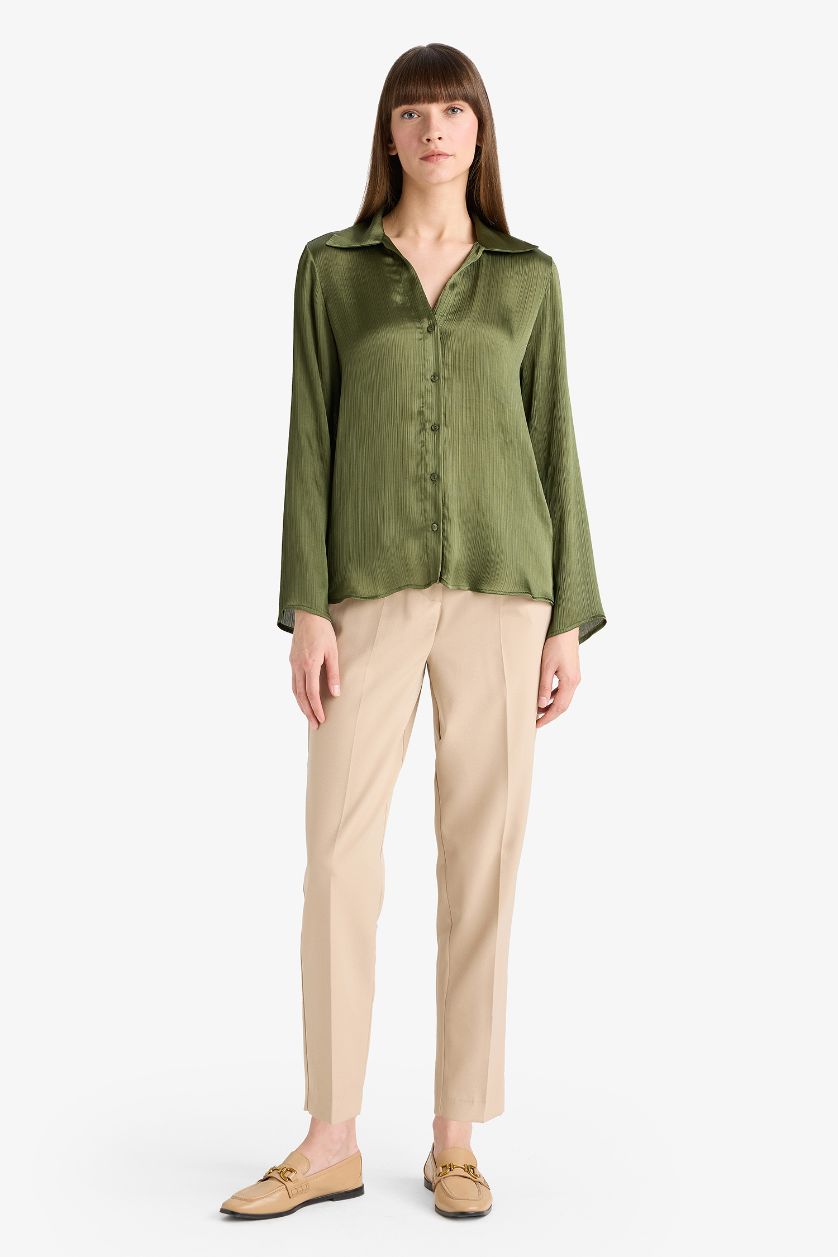 WOMAN Dark Green Regular Fit Satin Long Sleeve Shirt