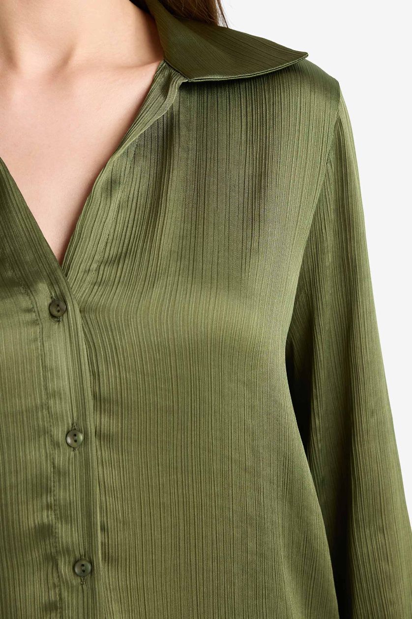 WOMAN Dark Green Regular Fit Satin Long Sleeve Shirt