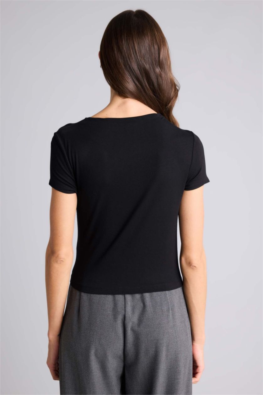 Женщины Черный Футболка Slim Fit с вырезом качели и коротким рукавом