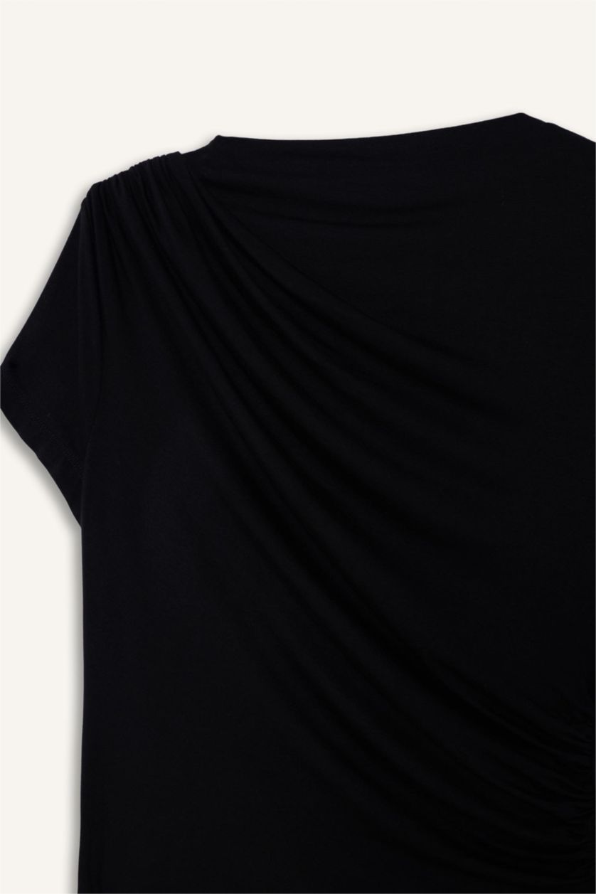 Женщины Черный Футболка Slim Fit с вырезом качели и коротким рукавом