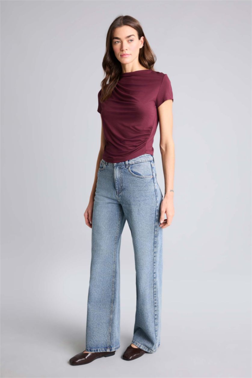 Женщины Бордовый Футболка Slim Fit с вырезом качели и коротким рукавом