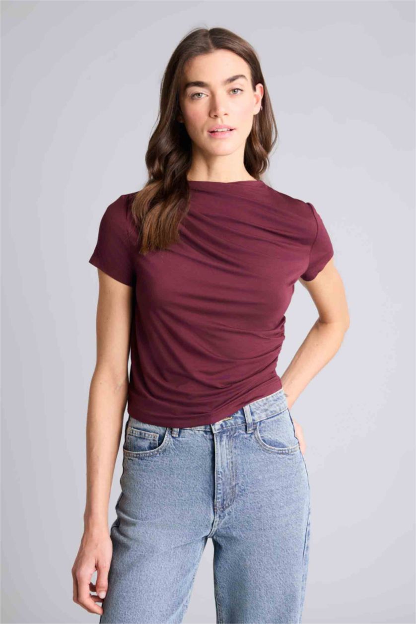 Женщины Бордовый Футболка Slim Fit с вырезом качели и коротким рукавом