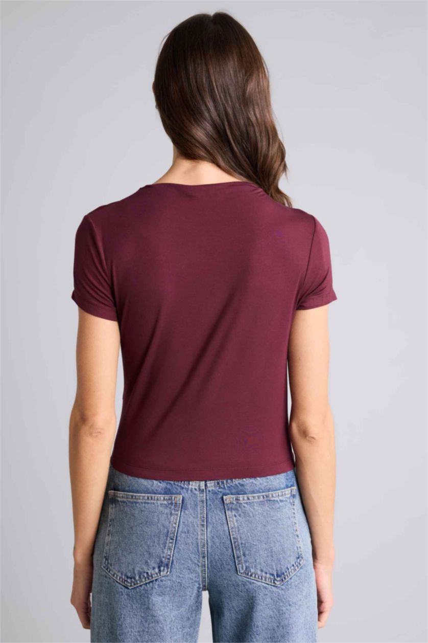 Женщины Бордовый Футболка Slim Fit с вырезом качели и коротким рукавом