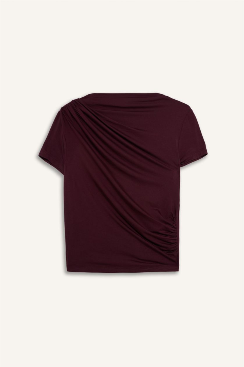 Женщины Бордовый Футболка Slim Fit с вырезом качели и коротким рукавом