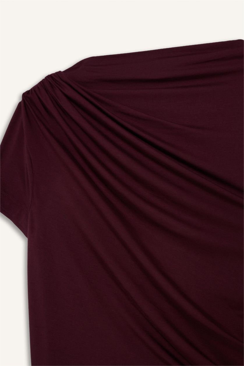 Женщины Бордовый Футболка Slim Fit с вырезом качели и коротким рукавом