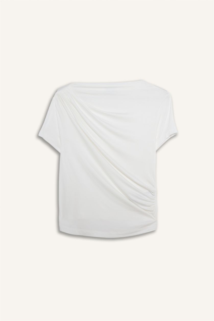 Женщины Бежевый Футболка Slim Fit с вырезом качели и коротким рукавом