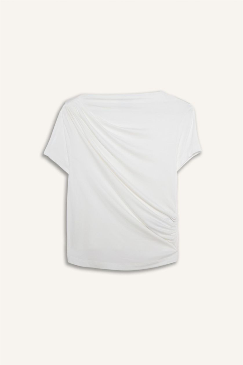 FEMME Écru T-shirt slim à col bateau et manches courtes