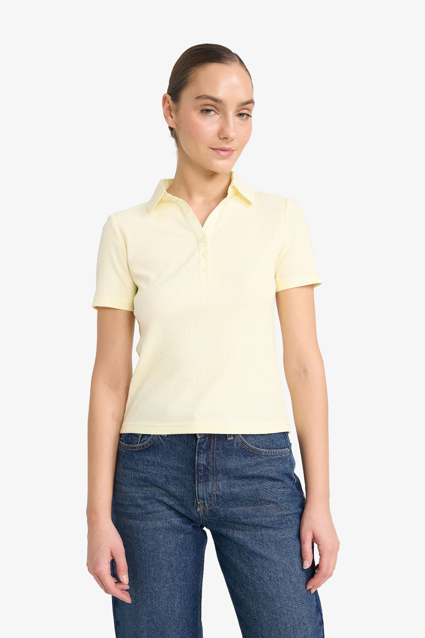 Woman Light Yellow Slim Fit Ribbed Short Sleeve Polo T-Shirt