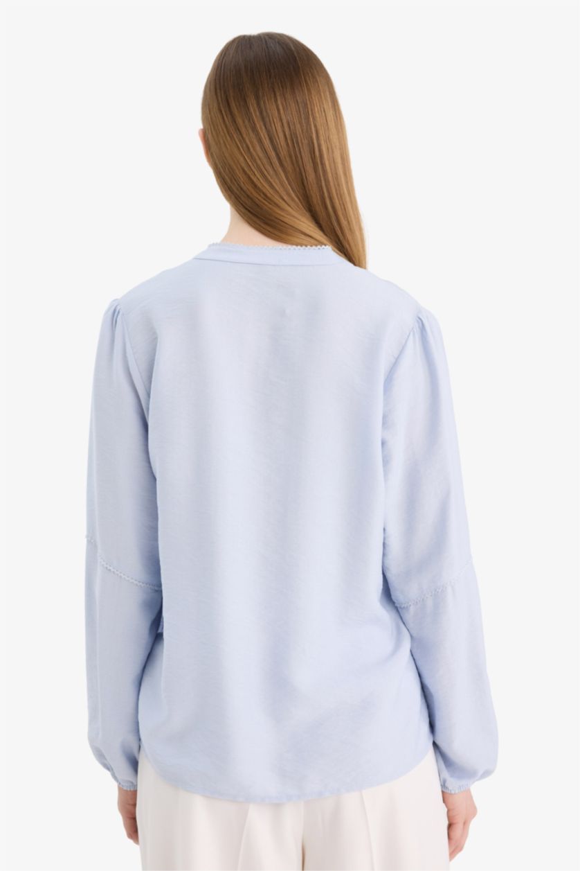 Женщины Светло-синий Блузка с длинным рукавом стандартного кроя из хлопка для женщин