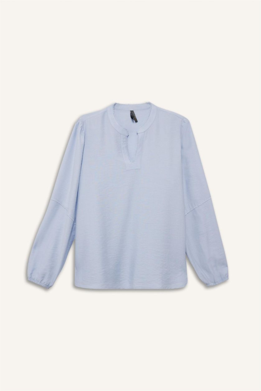 Женщины Светло-синий Блузка с длинным рукавом стандартного кроя из хлопка для женщин