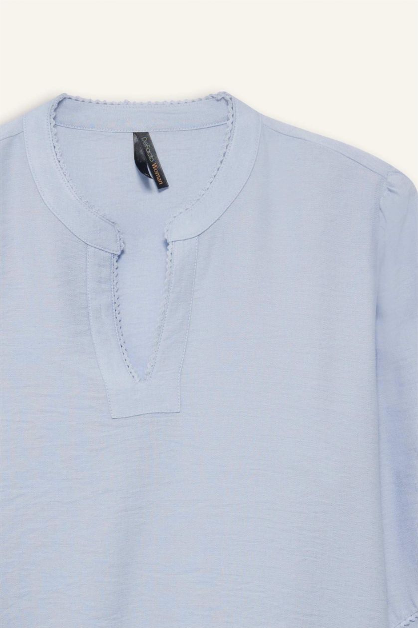 Женщины Светло-синий Блузка с длинным рукавом стандартного кроя из хлопка для женщин