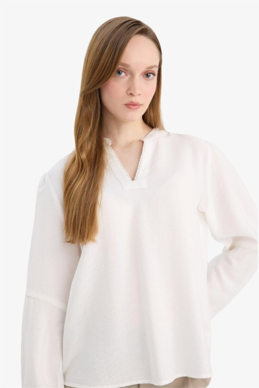 Женщины Бежевый Блузка с длинным рукавом стандартного кроя из хлопка для женщин