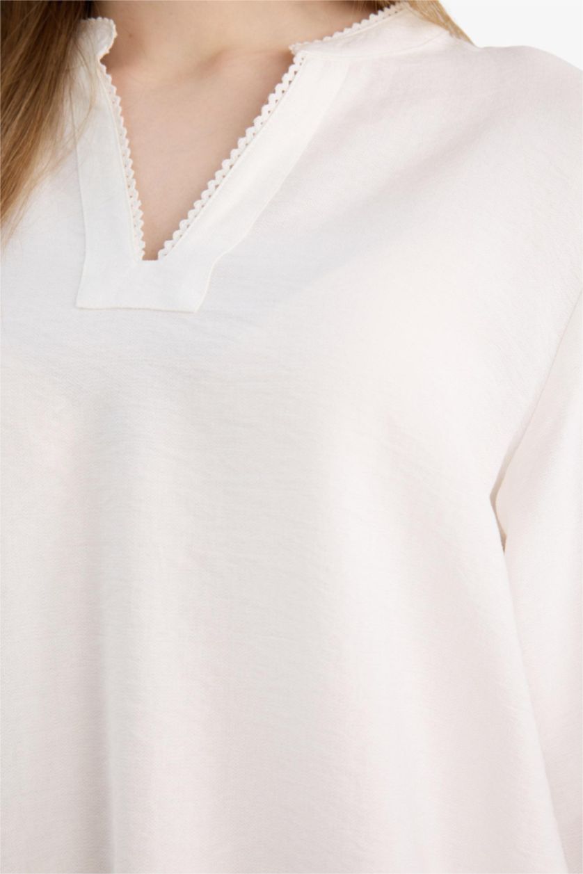 Женщины Бежевый Блузка с длинным рукавом стандартного кроя из хлопка для женщин