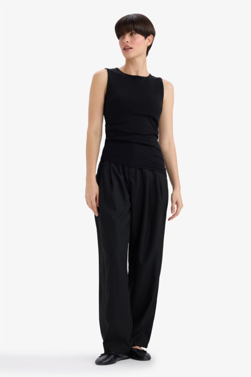 WOMAN Black Slim Fit Ribana Boat Collar Tank Top