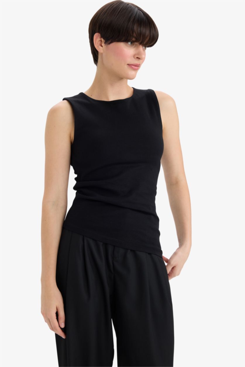 WOMAN Black Slim Fit Ribana Boat Collar Tank Top