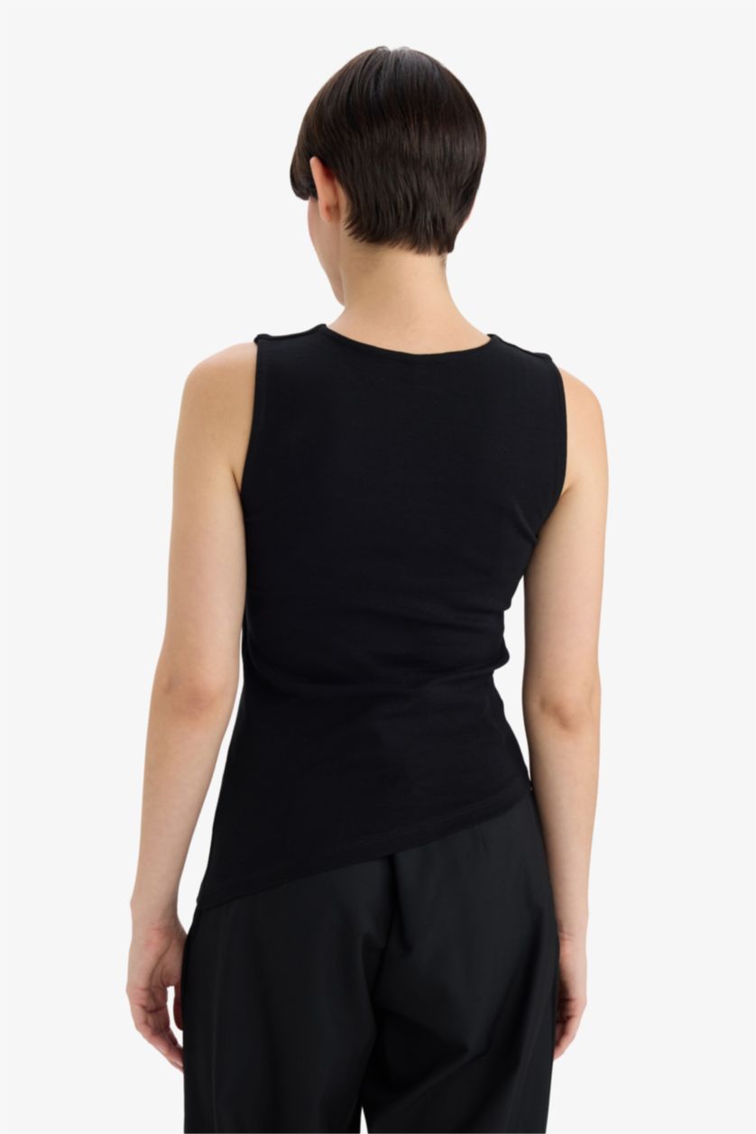 WOMAN Black Slim Fit Ribana Boat Collar Tank Top