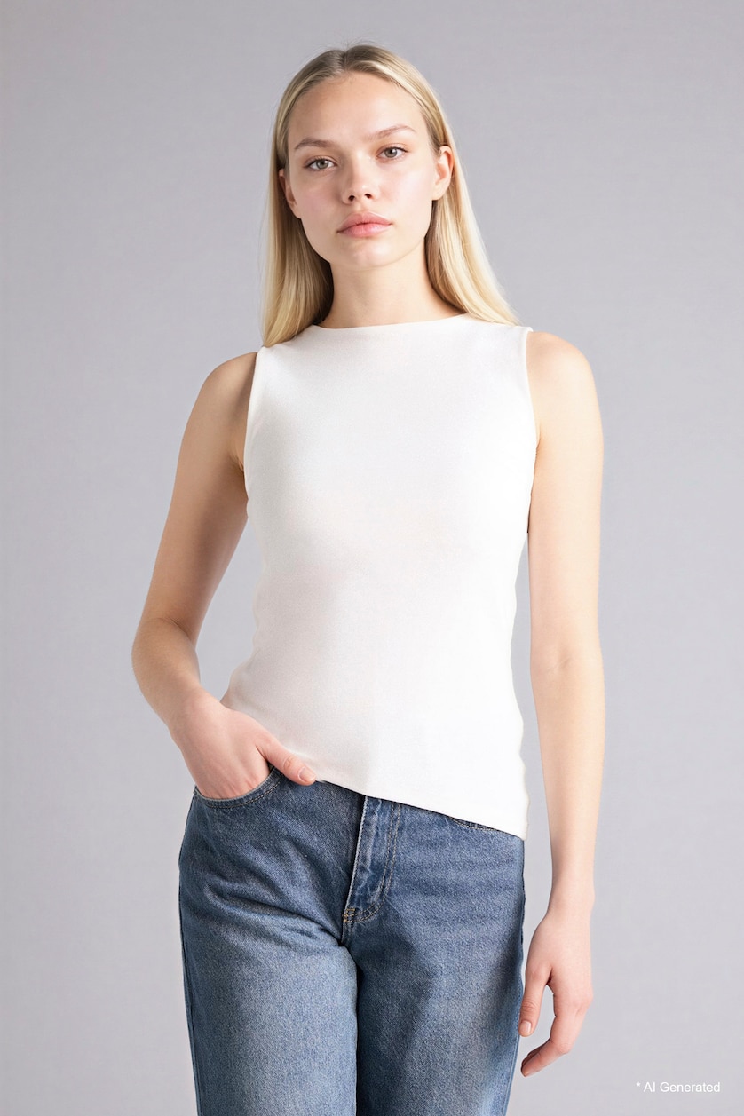 WOMAN White Slim Fit Boat Neck Ribbed Tank Top