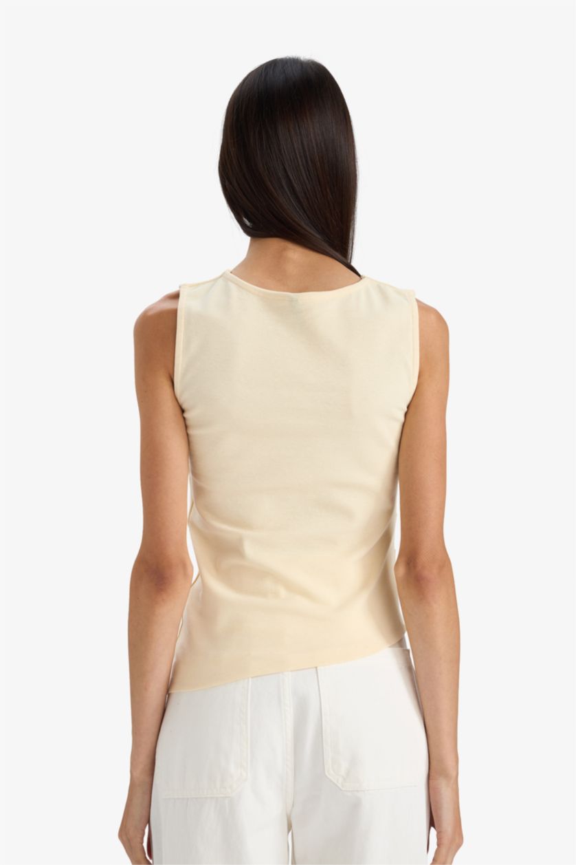 Woman Light Yellow Slim Fit Ribana Boat Collar Tank Top