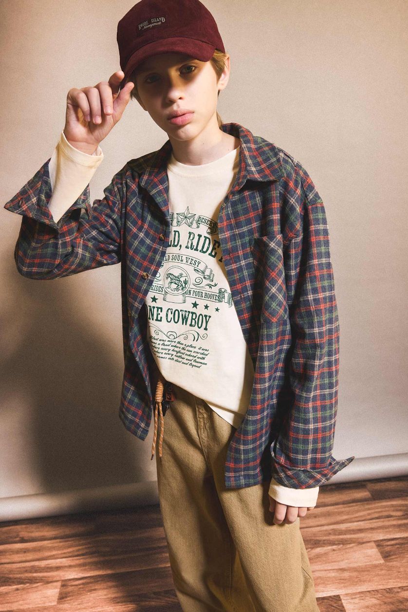 أولادي نيلي قميص كاروهات اولادي كم طويل فلانيل بياقة بولو