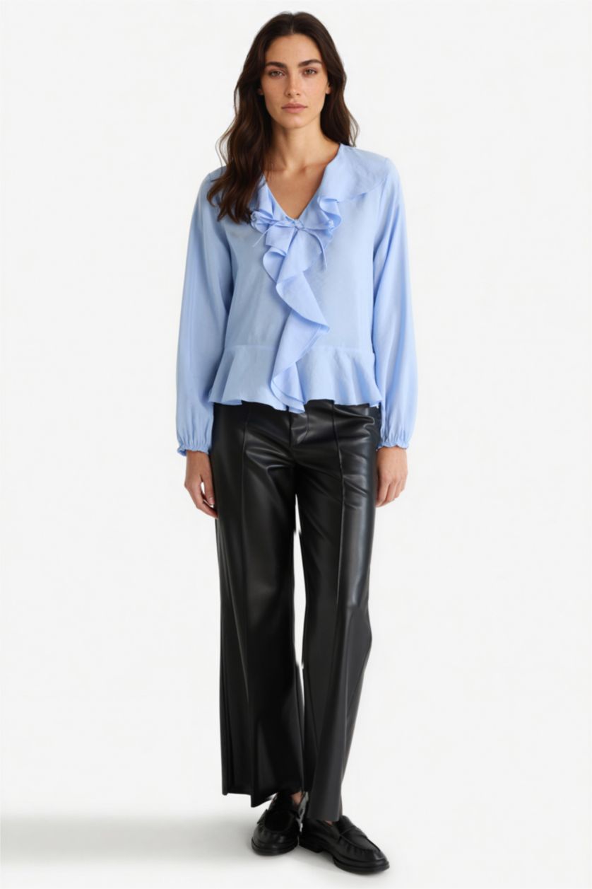 نساء أزرق بلوزة كم طويل قصة عادية بياقة V