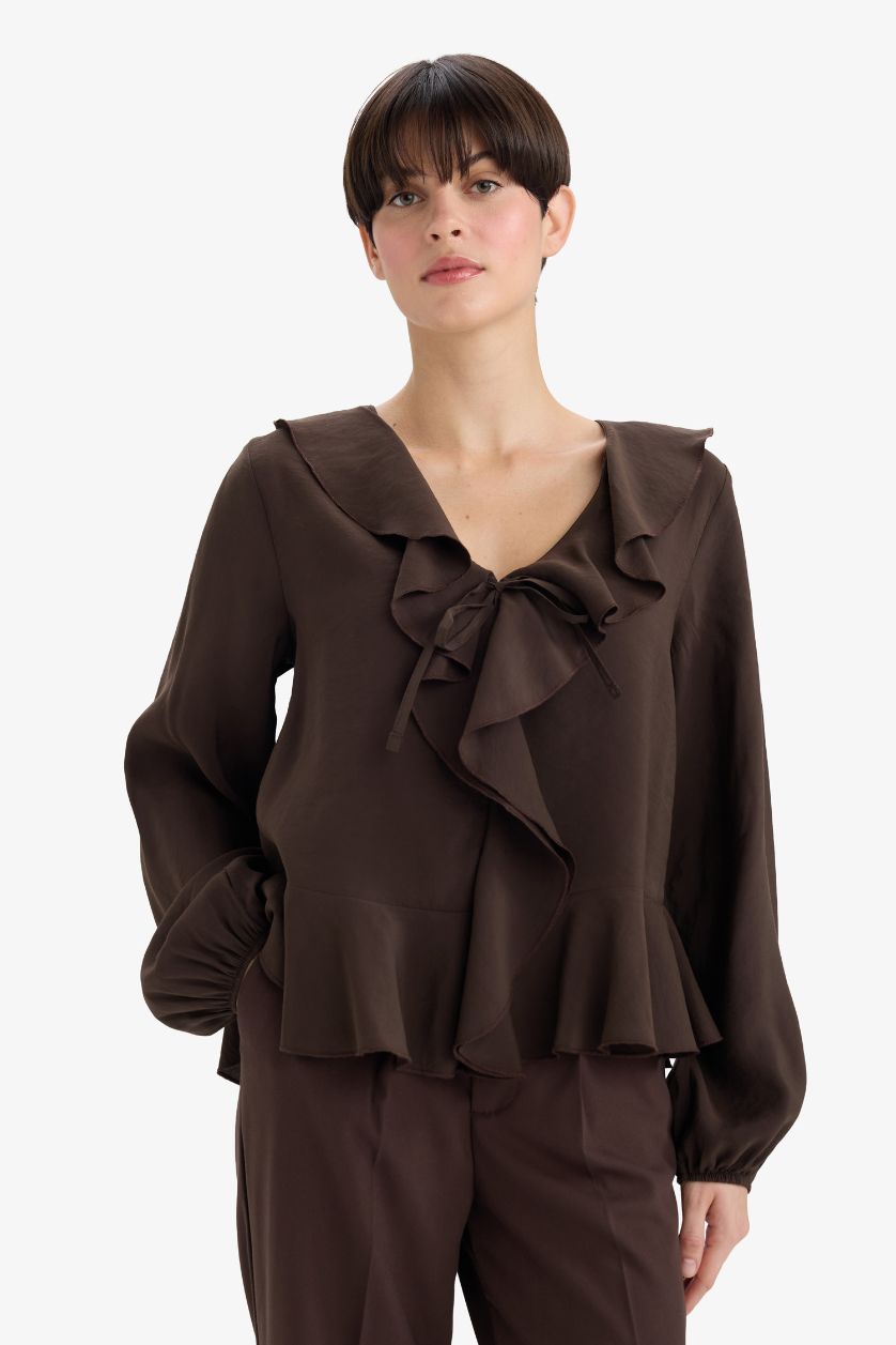 نساء بني بلوزة كم طويل قصة عادية بياقة V